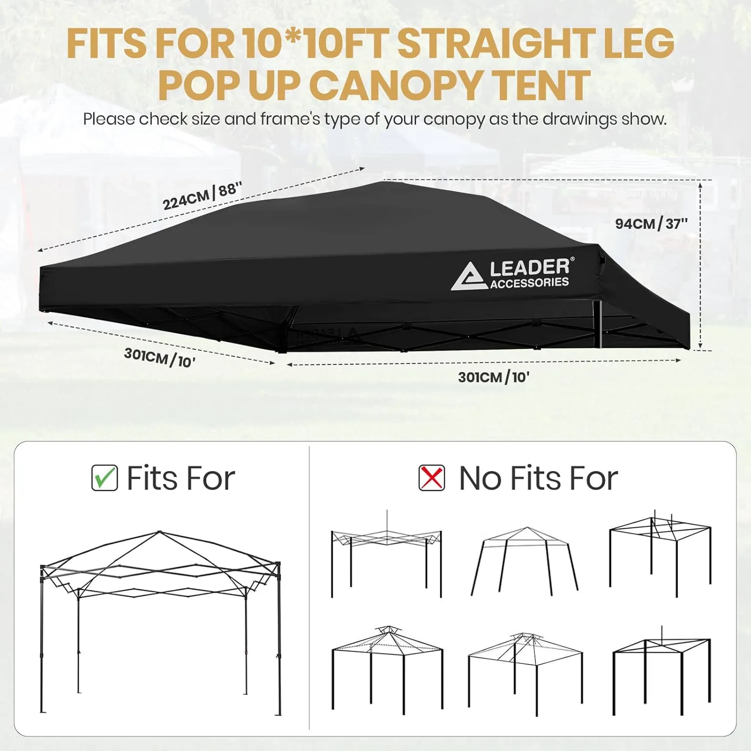 Leader Accessories Replacement Canopy Top Cover for 10’ X 10’ Straight Leg Pop Up Canopy Tent, Canopy Top Cover Only-Black