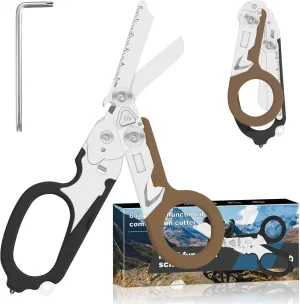 Lemasa6 in 1 Multifunctional Combination Tool, Folding Retractable Emergency Shears, Outdoor Camping Tools, Seat Belt Cutter, Oxygen Cylinder Wrench, Complimentary Adjustable Wrench (black brown)