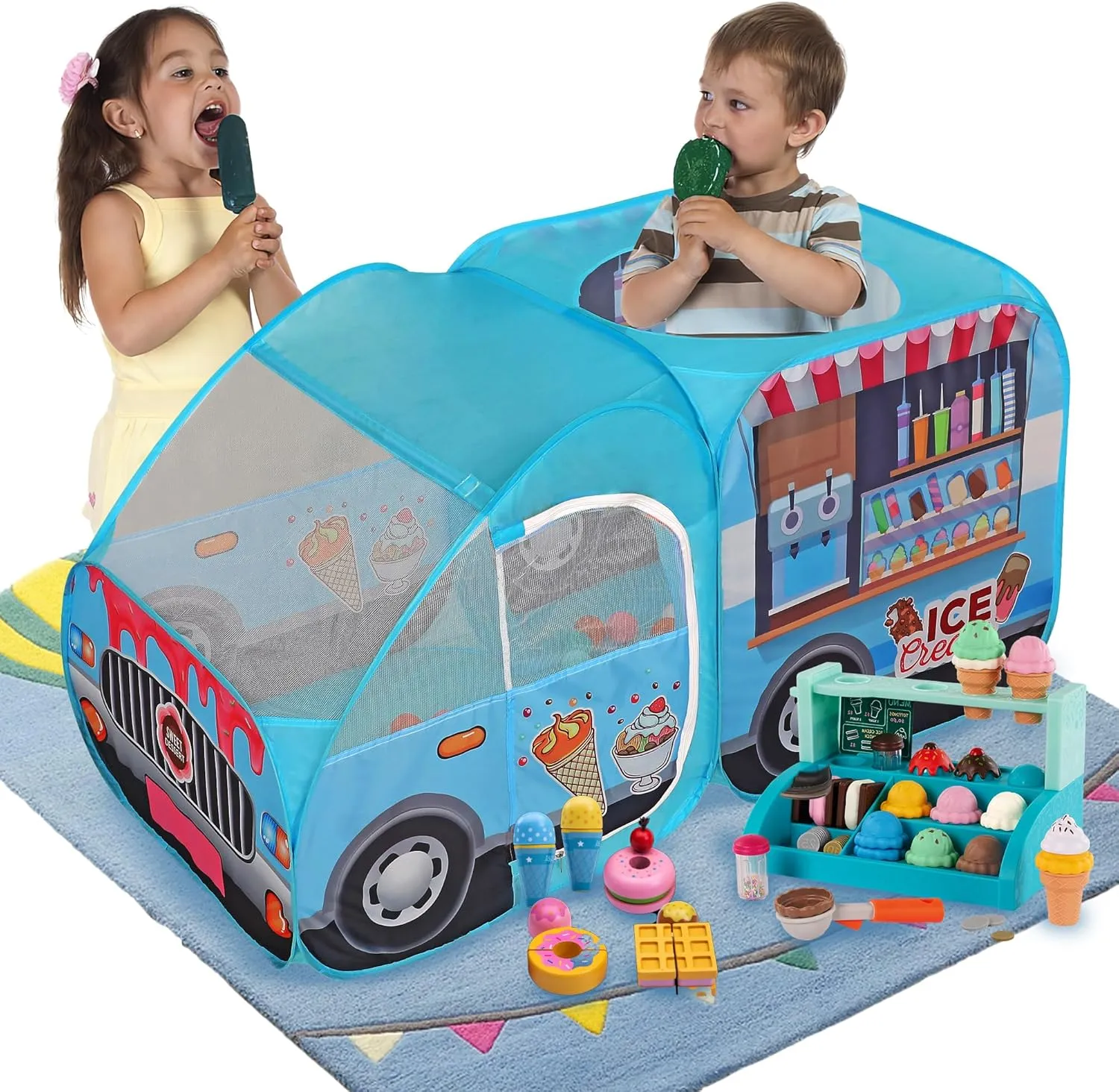 LimitlessFunN Ice Cream Truck Pop Up Kids Play Tent | Includes Carrying Case |, Children Indoor Icecream Playhouse for Boys, Toddlers, 25.6" D x 55" W x 29.5" H (Ice Cream)