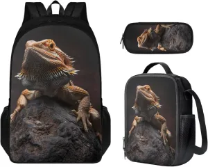 Lizard Backpack for Kids Boys Backpack with Lunch Box and School Pencil Box 3 in 1 Set Large Bookbag for School Teens Sturdy School Bag with Side Pocket Casual Daypack Backpacks for Daily Use