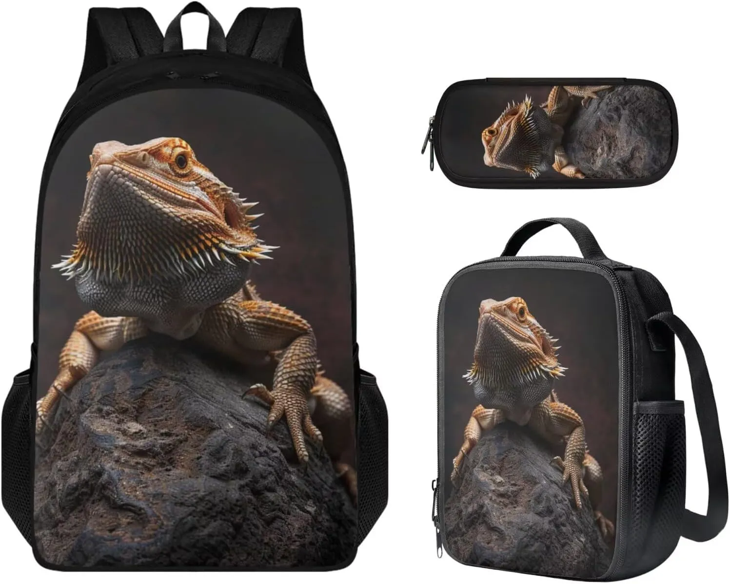 Lizard Backpack for Kids Boys Backpack with Lunch Box and School Pencil Box 3 in 1 Set Large Bookbag for School Teens Sturdy School Bag with Side Pocket Casual Daypack Backpacks for Daily Use