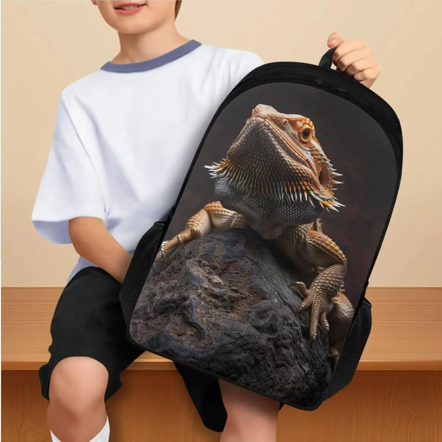Lizard Backpack for Kids Boys Backpack with Lunch Box and School Pencil Box 3 in 1 Set Large Bookbag for School Teens Sturdy School Bag with Side Pocket Casual Daypack Backpacks for Daily Use