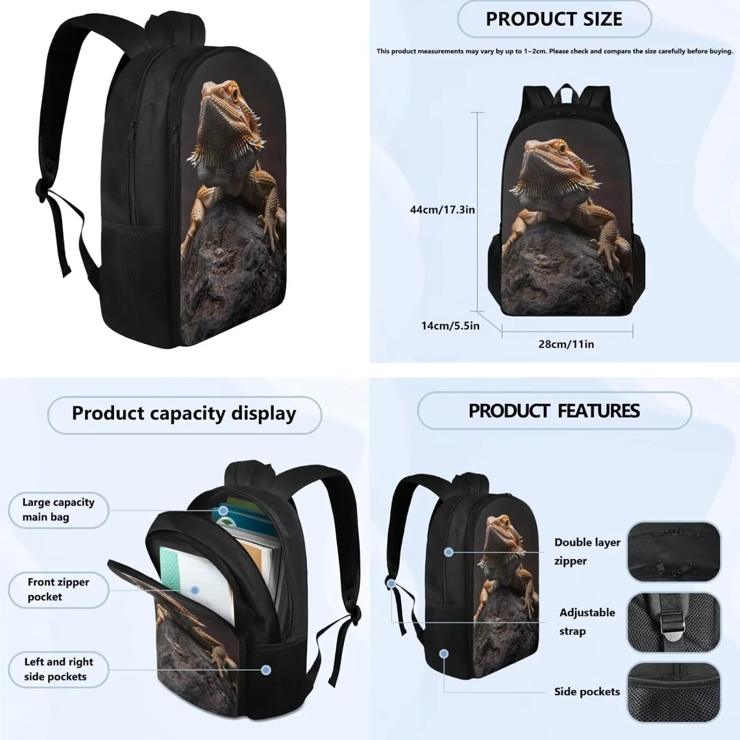 Lizard Backpack for Kids Boys Backpack with Lunch Box and School Pencil Box 3 in 1 Set Large Bookbag for School Teens Sturdy School Bag with Side Pocket Casual Daypack Backpacks for Daily Use