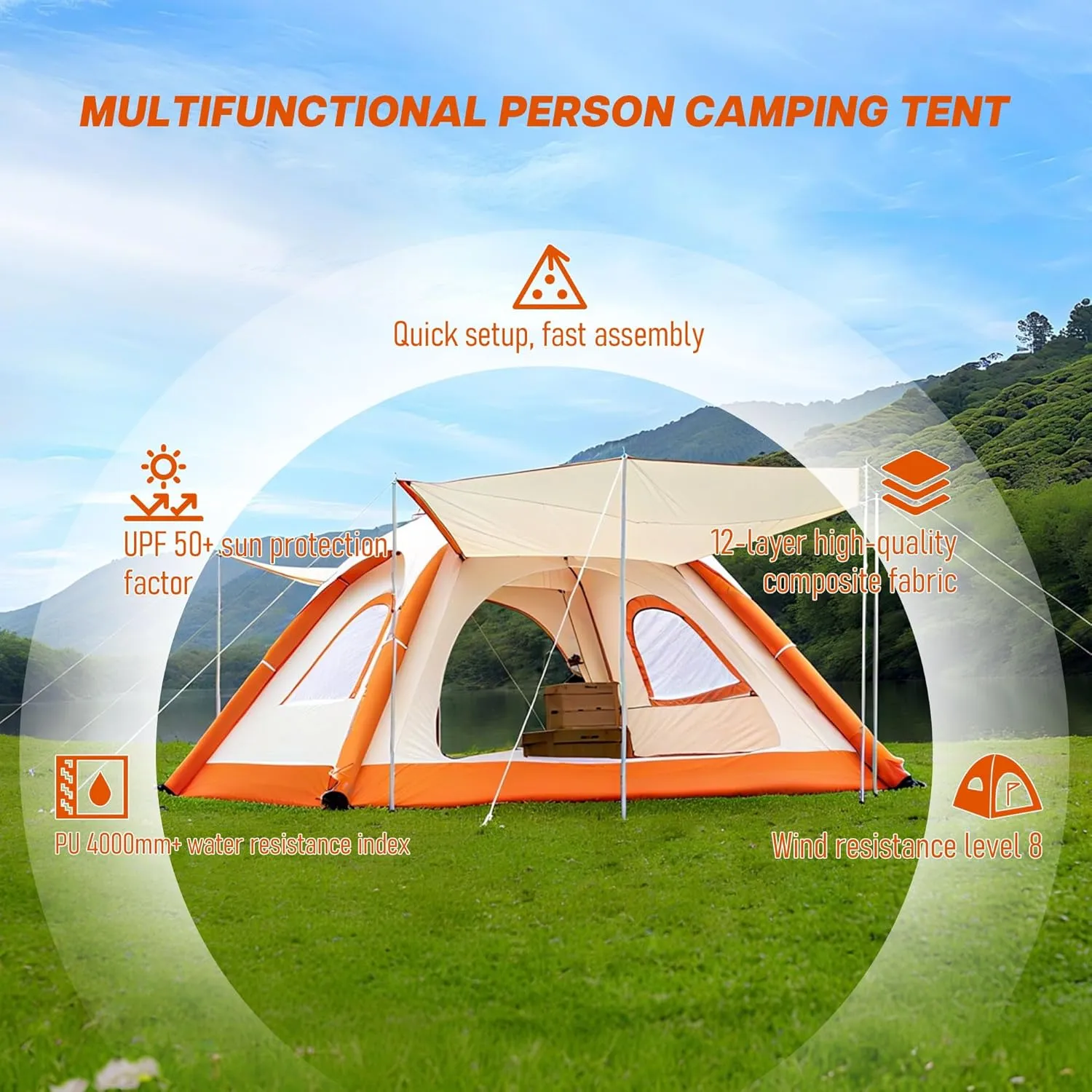 Luxury Automatic Inflatable Dome Tents for Camping,Waterproof Windproof Tent with Double Layer Tarp,Easy Setup Blow Up Portable 3-4 Person Outdoor Camping Tents
