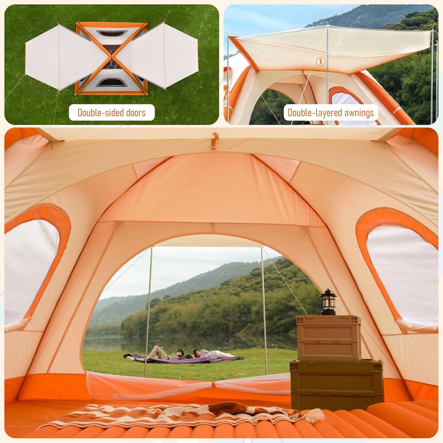 Luxury Automatic Inflatable Dome Tents for Camping,Waterproof Windproof Tent with Double Layer Tarp,Easy Setup Blow Up Portable 3-4 Person Outdoor Camping Tents