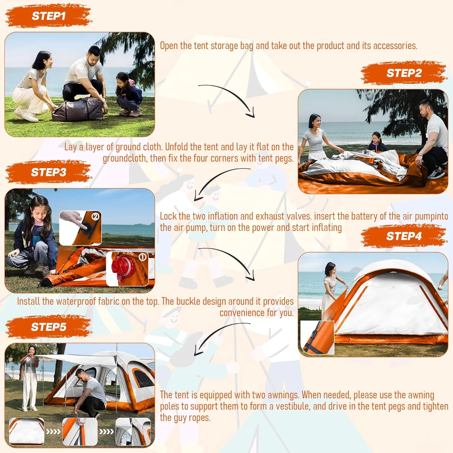 Luxury Automatic Inflatable Dome Tents for Camping,Waterproof Windproof Tent with Double Layer Tarp,Easy Setup Blow Up Portable 3-4 Person Outdoor Camping Tents