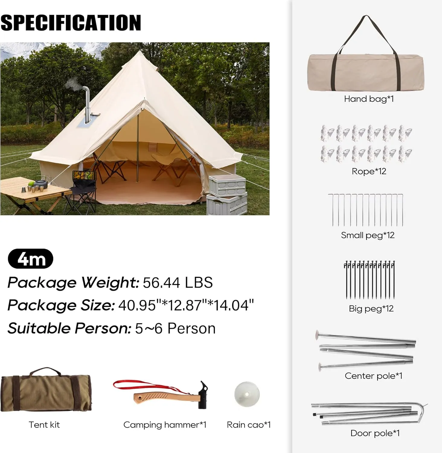 Luxury Cotton Bell Tent, Yurt Canvas Tent with Stove Jack, 4/6/8 Person Family 4 Season Camping