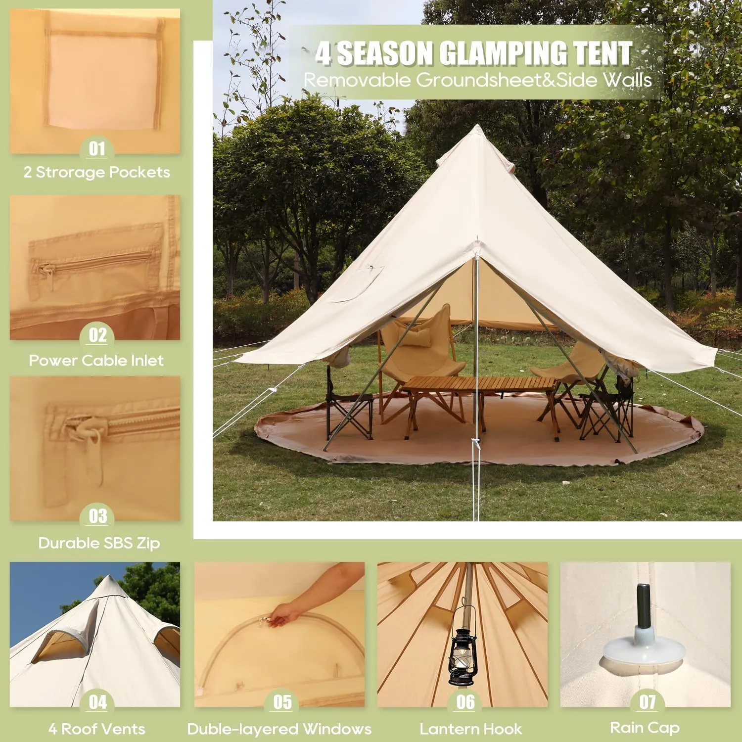 Luxury Cotton Bell Tent, Yurt Canvas Tent with Stove Jack, 4/6/8 Person Family 4 Season Camping