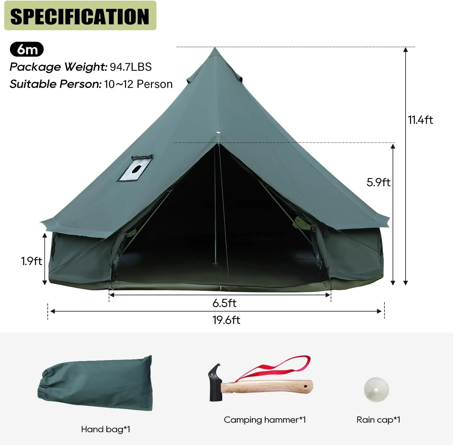 Luxury Cotton Bell Tent, Yurt Canvas Tent with Stove Jack, 4/6/8 Person Family 4 Season Camping