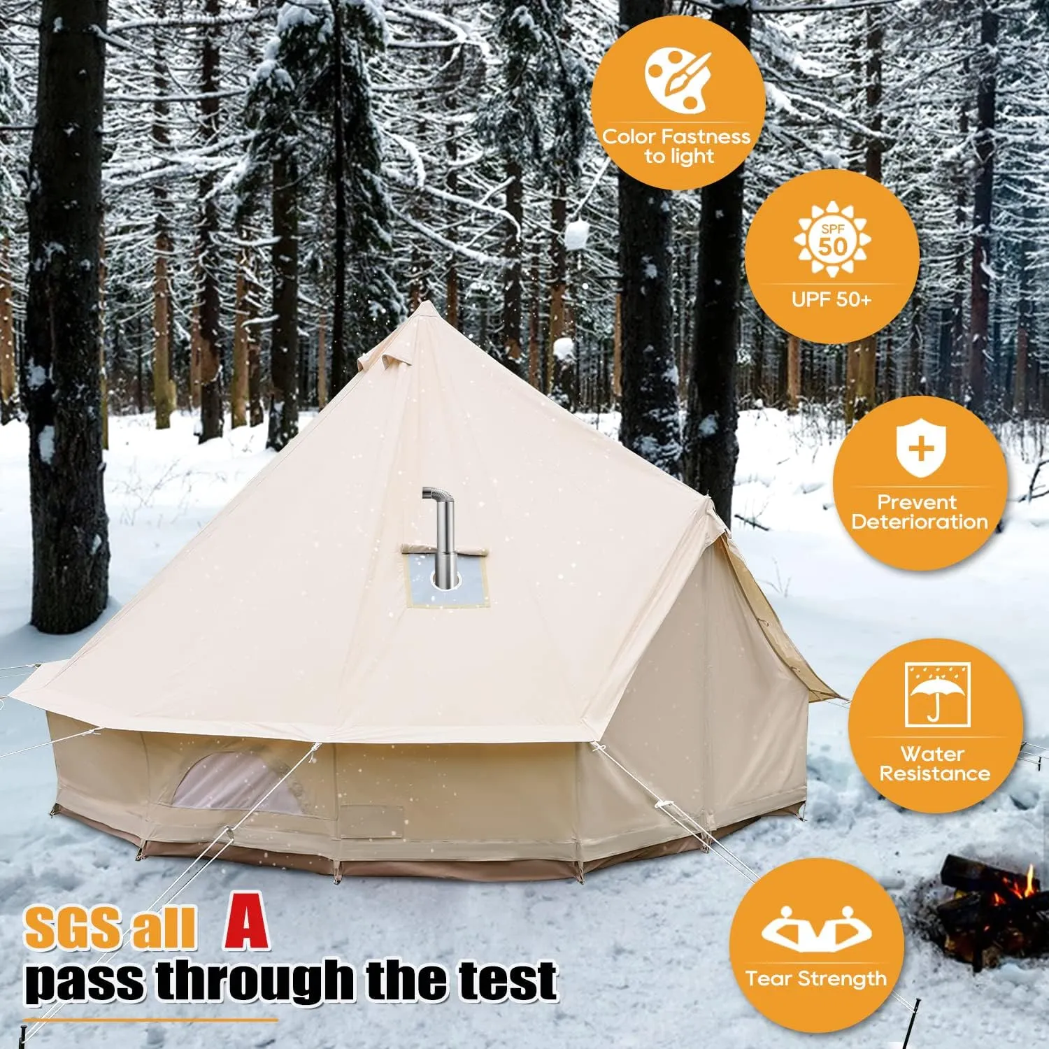 Luxury Cotton Bell Tent, Yurt Canvas Tent with Stove Jack, 4/6/8 Person Family 4 Season Camping