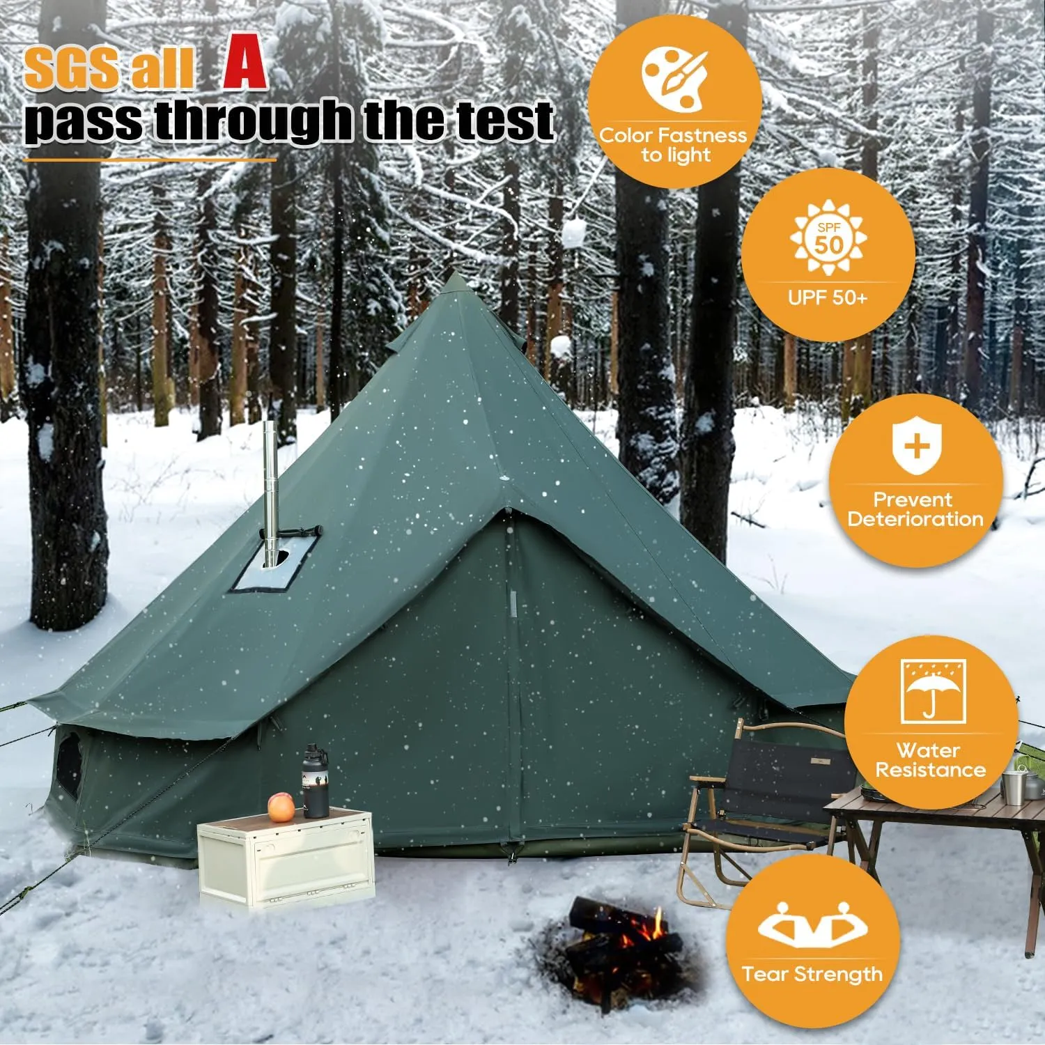 Luxury Cotton Bell Tent, Yurt Canvas Tent with Stove Jack, 4/6/8 Person Family 4 Season Camping