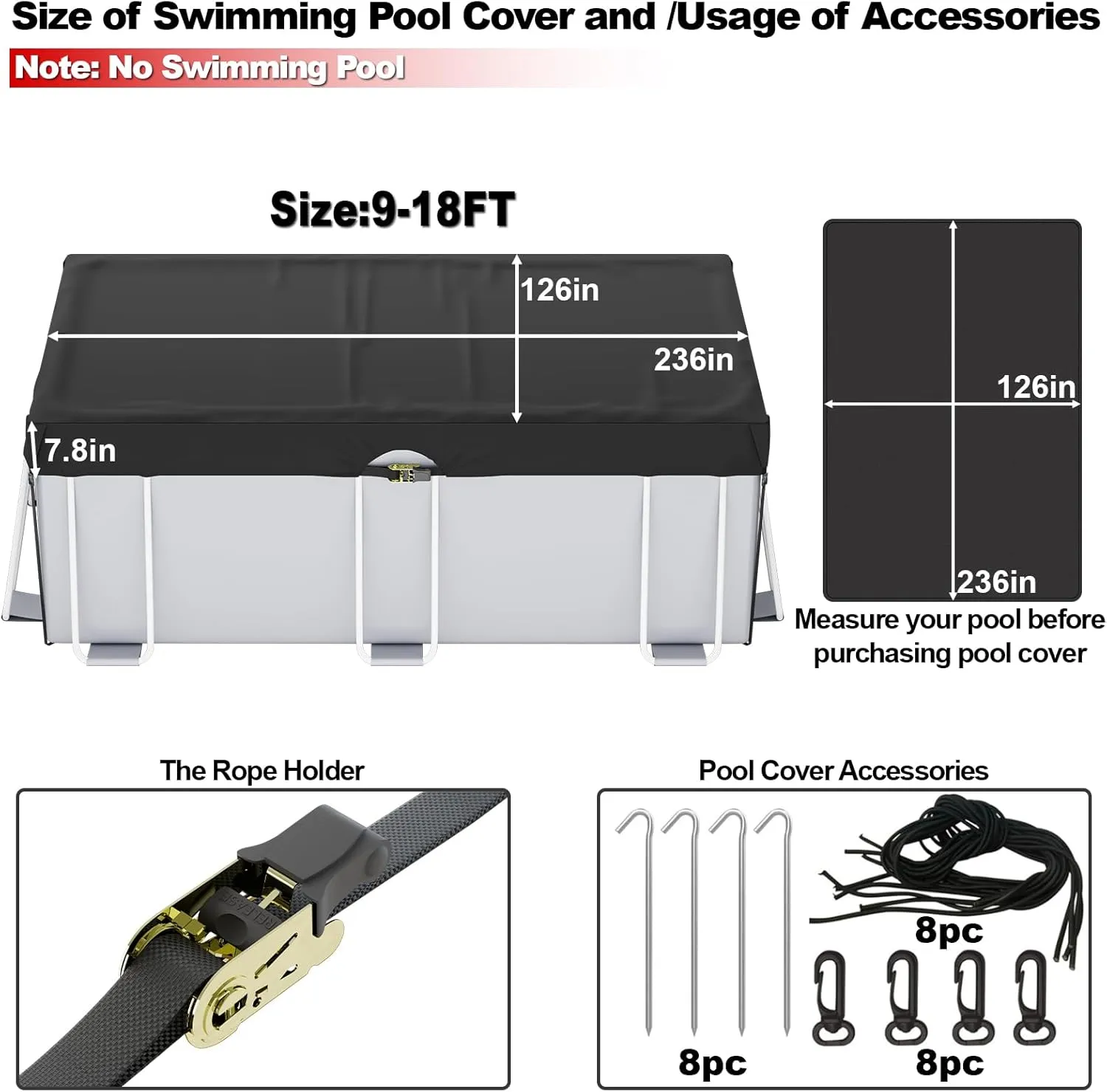 LXKCKJ 9x18 FT Rectangular Pool Cover for Above Ground Pool, Solar Oval Pool Cover Protection with Tensioner, Ideal for Rectangular/Oval Frame Pool Waterproof & UV-Resistant (Black)