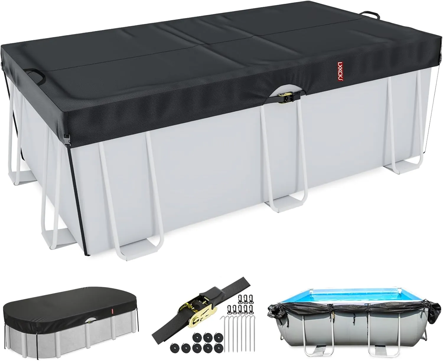 LXKCKJ 9x18 FT Rectangular Pool Cover for Above Ground Pool, Solar Oval Pool Cover Protection with Tensioner, Ideal for Rectangular/Oval Frame Pool Waterproof & UV-Resistant (Black)
