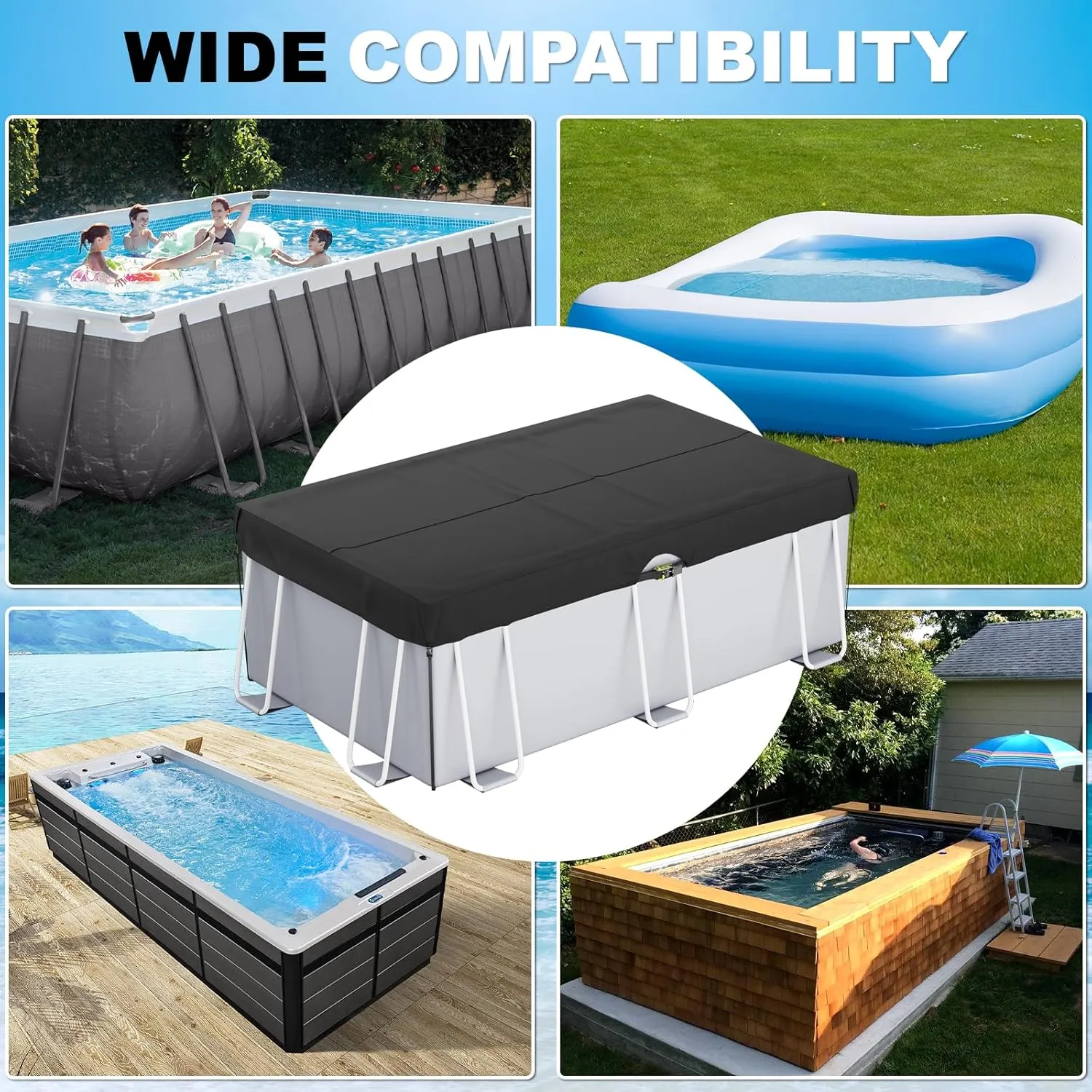 LXKCKJ 9x18 FT Rectangular Pool Cover for Above Ground Pool, Solar Oval Pool Cover Protection with Tensioner, Ideal for Rectangular/Oval Frame Pool Waterproof & UV-Resistant (Black)