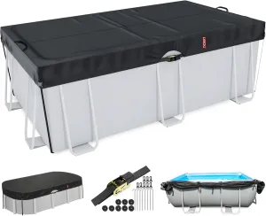 LXKCKJ 9x18 FT Rectangular Pool Cover for Above Ground Pool, Solar Oval Pool Cover Protection with Tensioner, Ideal for Rectangular/Oval Frame Pool Waterproof & UV-Resistant (Black)