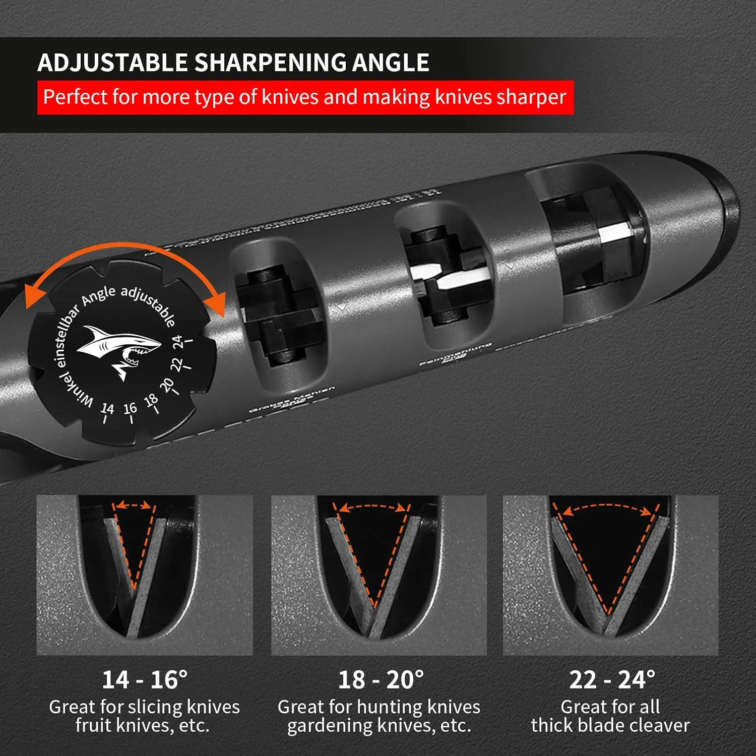 MAD SHARK Knife Sharpener, 6 Adjustable Sharpening Angle, Coarse & Fine Knife Sharpener Tool, Handheld Manual Knives Sharpener for Kitchen Knives, Pocket knife, Scissors, LARGE, Black