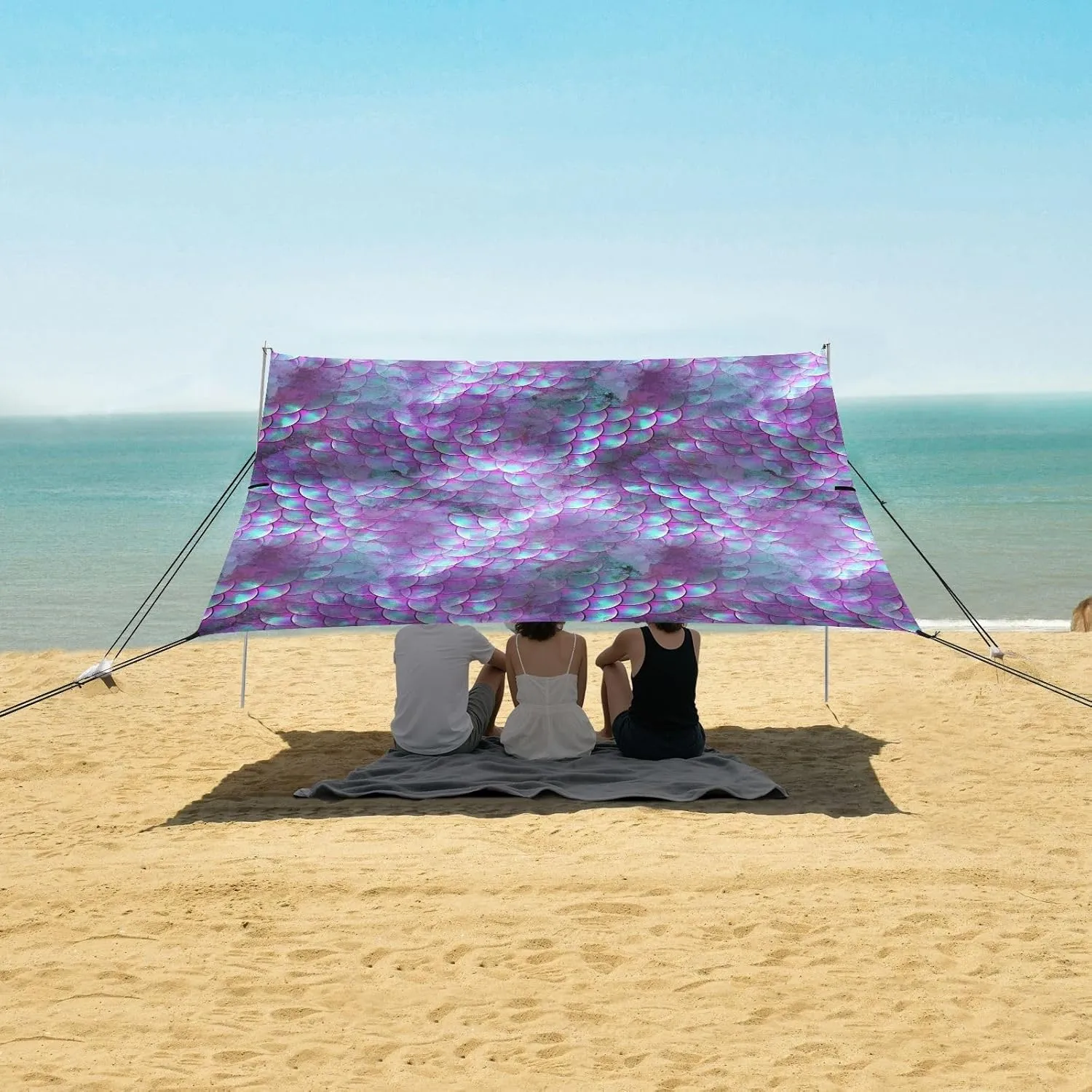 Magical Mermaid Scales Beach Canopy Tent Anti-UV & Wind Resistant, Purple Glitter Camping Sun Shelter Easy Setup Portable,Outdoor Shade Tents with Sandbags,Sand Shovels,Ground Pegs & Stability P