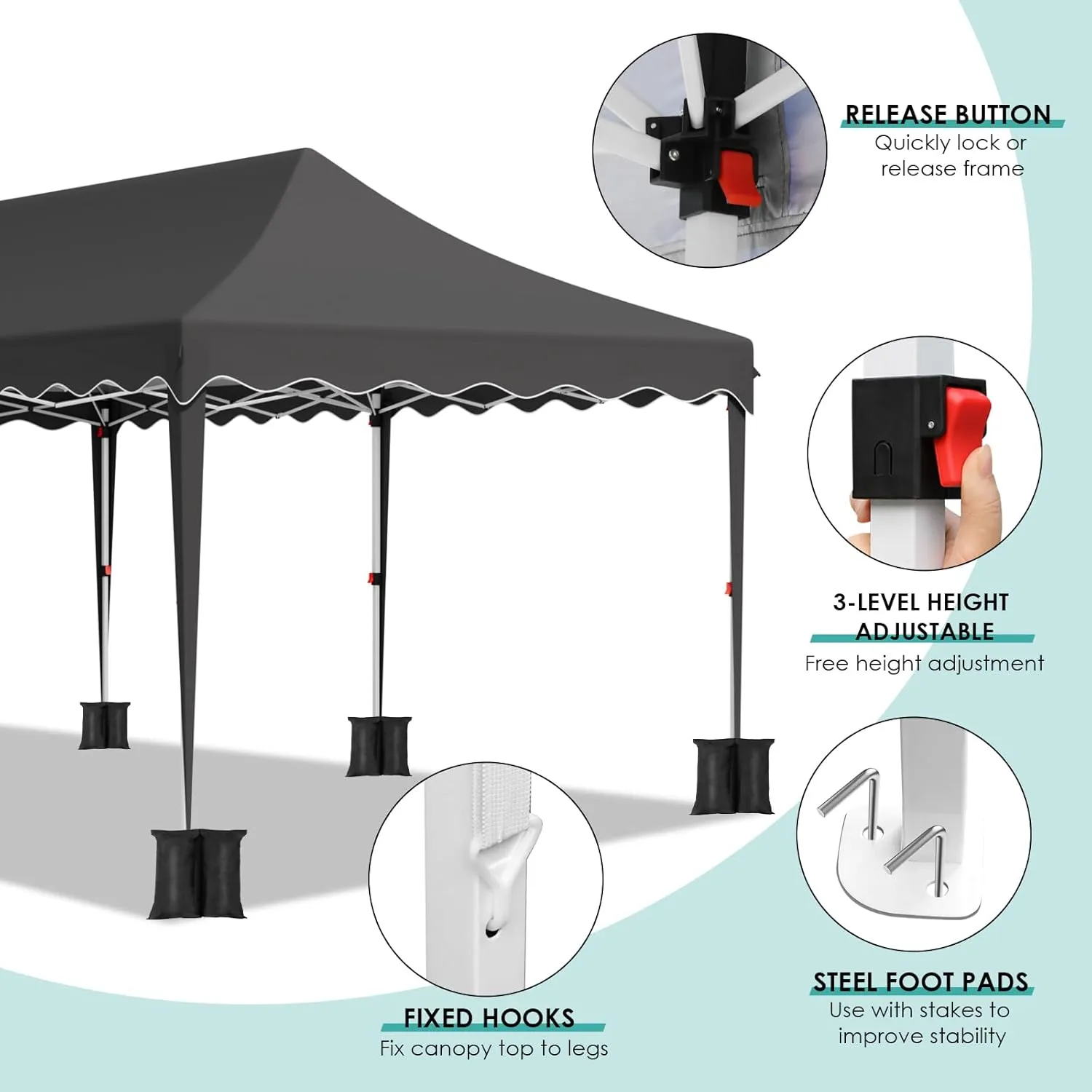 MAMIZO 10x20ft Pop up Canopy Tent w/6 Sidewalls, Heavy Duty Wedding Party Tent, Height Adjustable Large Commercial Gazebo, Instant Sun Protection Shelter W/Upgraded 3 Raised Roofs, Wheeled Bag (Black)