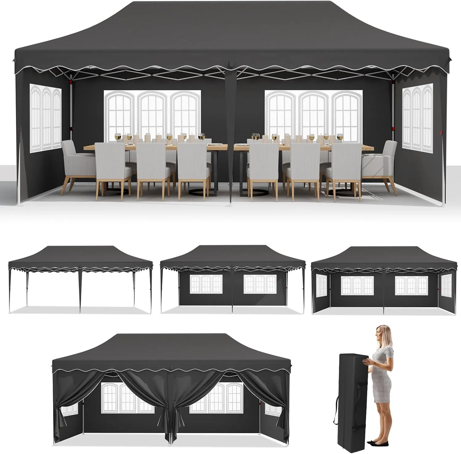 MAMIZO 10x20ft Pop up Canopy Tent w/6 Sidewalls, Heavy Duty Wedding Party Tent, Height Adjustable Large Commercial Gazebo, Instant Sun Protection Shelter W/Upgraded 3 Raised Roofs, Wheeled Bag (Black)