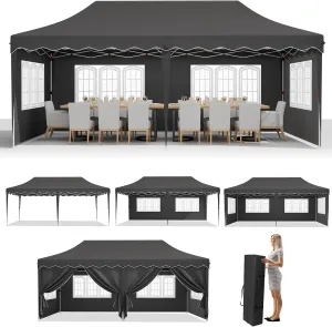 MAMIZO 10x20ft Pop up Canopy Tent w/6 Sidewalls, Heavy Duty Wedding Party Tent, Height Adjustable Large Commercial Gazebo, Instant Sun Protection Shelter W/Upgraded 3 Raised Roofs, Wheeled Bag (Black)