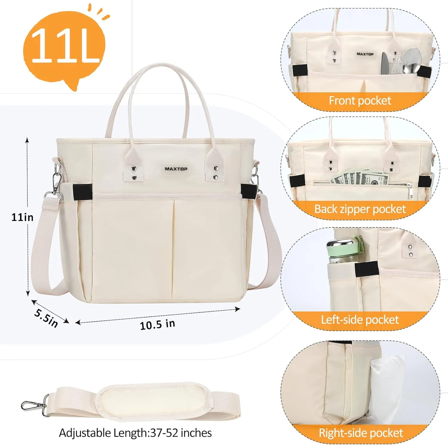 MAXTOP Lunch Bag Women for Work Insulated Thermal Lunch Box with Wide-Open Pocket Reusable Leakproof Cooler Bags with Removable Shoulder Strap for Teacher Nurse Office Picnic Travel Beige