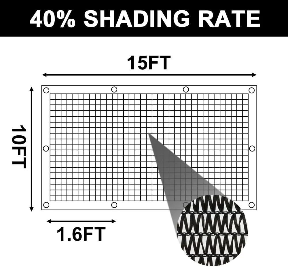 MEANCHEN 40% 10X15FT Shade Cloth for Garden, Mesh Tarp Net for Plant Vegetable Flower,Sunblock Net for Patio Cover,Outdoor Sun Shade Greenhouse Heat Protection, UV Resistant