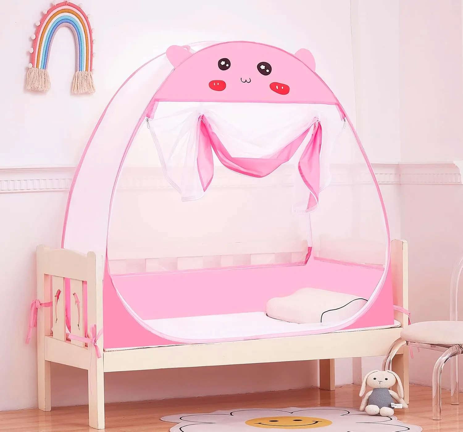 Mengersi Baby Crib Tent,Pop Up Crib Tent to Keep Baby in,Lovely Toddler Crib Net Mosquito Net Safe and Breathable,Installation Convenience,Pink