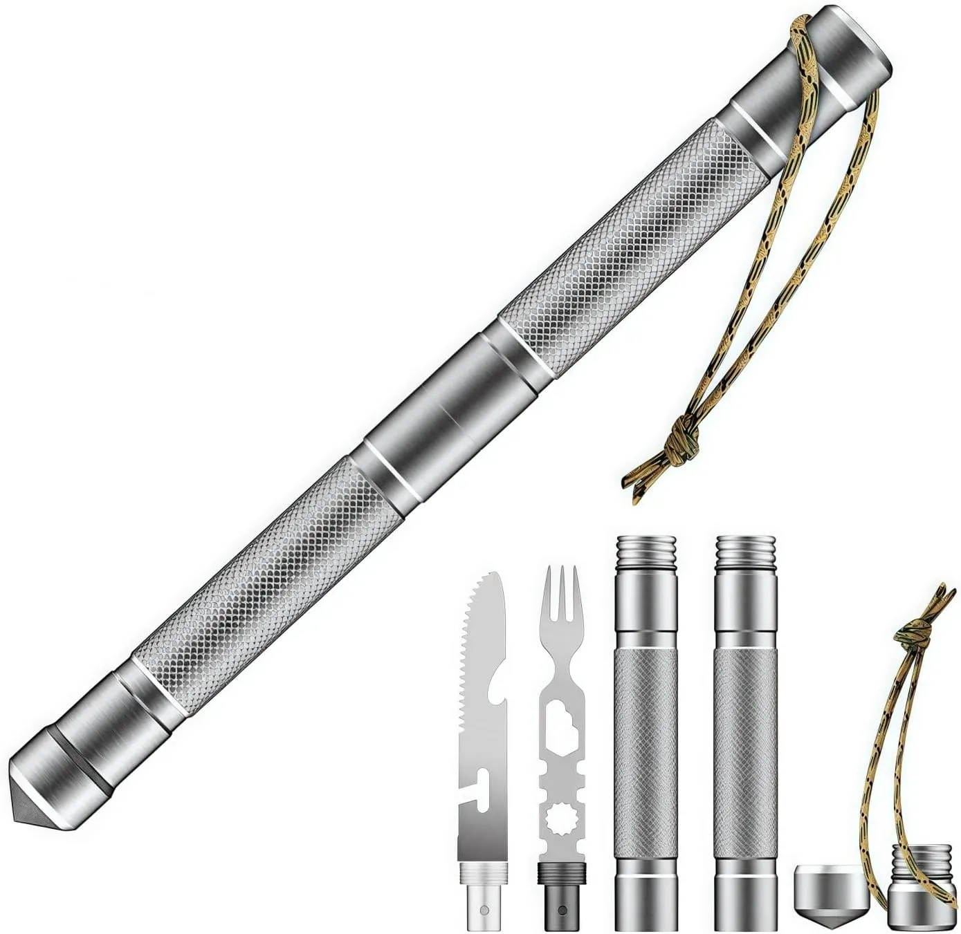 Mini Multifunctional Outdoor Emergency Tool – Compact Aluminum Alloy Design with Flint, Whistle, Knife, Fork, and More | Perfect for Camping, Hiking, Survival (Simple)