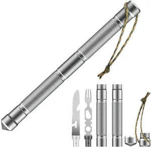 Mini Multifunctional Outdoor Emergency Tool – Compact Aluminum Alloy Design with Flint, Whistle, Knife, Fork, and More | Perfect for Camping, Hiking, Survival (Simple)