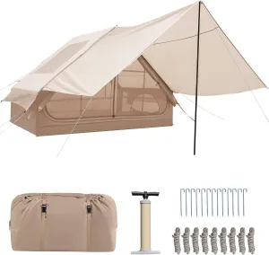 Moccha Inflatable Tents for Camping - All Season Blow Up Tent with Pump, Detachable Porch, Mesh Windows, Skylight, Carrying Bag, Waterproof Oxford Air Glamping Tent for Camping Adult 4-6 Person