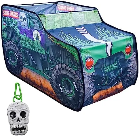 Monster Jam Grave Digger Pop Up Tent – Monster Truck Playhouse for Kids | Removable Skull Key Fob with Vehicle Sounds | Car Toys for Toddlers – Sunny Days Entertainment