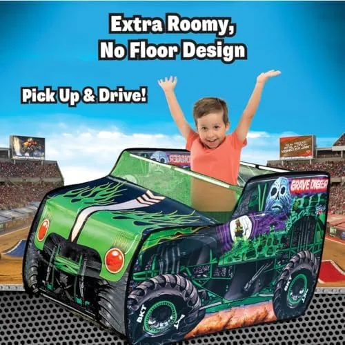 Monster Jam Grave Digger Pop Up Tent – Monster Truck Playhouse for Kids | Removable Skull Key Fob with Vehicle Sounds | Car Toys for Toddlers – Sunny Days Entertainment