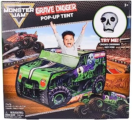 Monster Jam Grave Digger Pop Up Tent – Monster Truck Playhouse for Kids | Removable Skull Key Fob with Vehicle Sounds | Car Toys for Toddlers – Sunny Days Entertainment