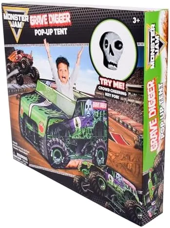 Monster Jam Grave Digger Pop Up Tent – Monster Truck Playhouse for Kids | Removable Skull Key Fob with Vehicle Sounds | Car Toys for Toddlers – Sunny Days Entertainment