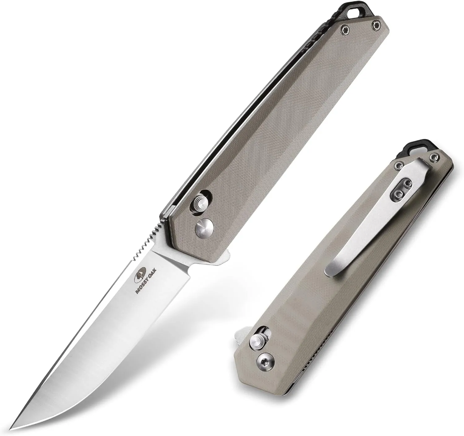MOSSY OAK Folding Pocket Knife, 3.5-Inch D2 Steel Drop Point Blade, G10 Handle, Small EDC Knife with Belt Clip for Camping, Hiking (Brown)