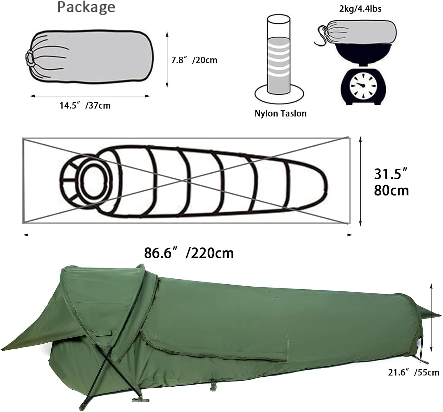 MT Military Hideaway Bivy Cover Stealth Compact Single-Pole Hooped Tent for Modular Sleeping Bags with Mosquito Bug Net Mesh,Waterproof Breathable Outer Shell, Minimalist Shelter