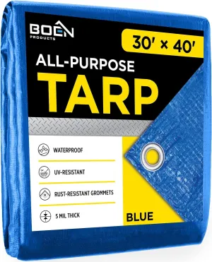 Multi-Purpose Large Tarp Waterproof Cover | Blue, 30' x 40' 5 Mil Thick | Rip Proof Tarps | Thick Weave Material, UV Resistant Great for Tarpaulin Canopy Tent, Boat, RV or Pool Cover