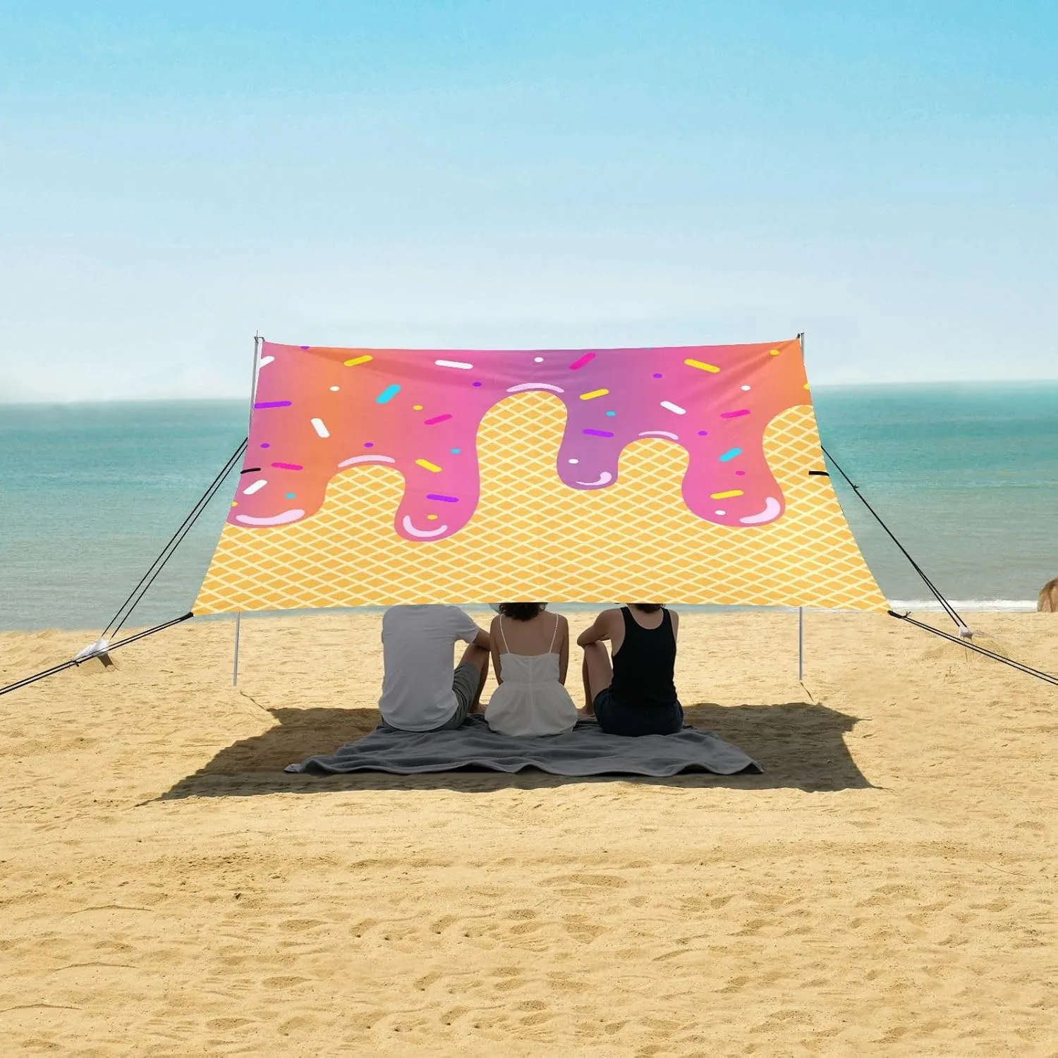Multicolored Gradients Ice Cream Beach Canopy Tent Anti-UV & Wind Resistant, Camping Sun Shelter Easy Setup Portable,Outdoor Shade Tents with Sandbags,Sand Shovels,Ground Pegs & Stability Poles