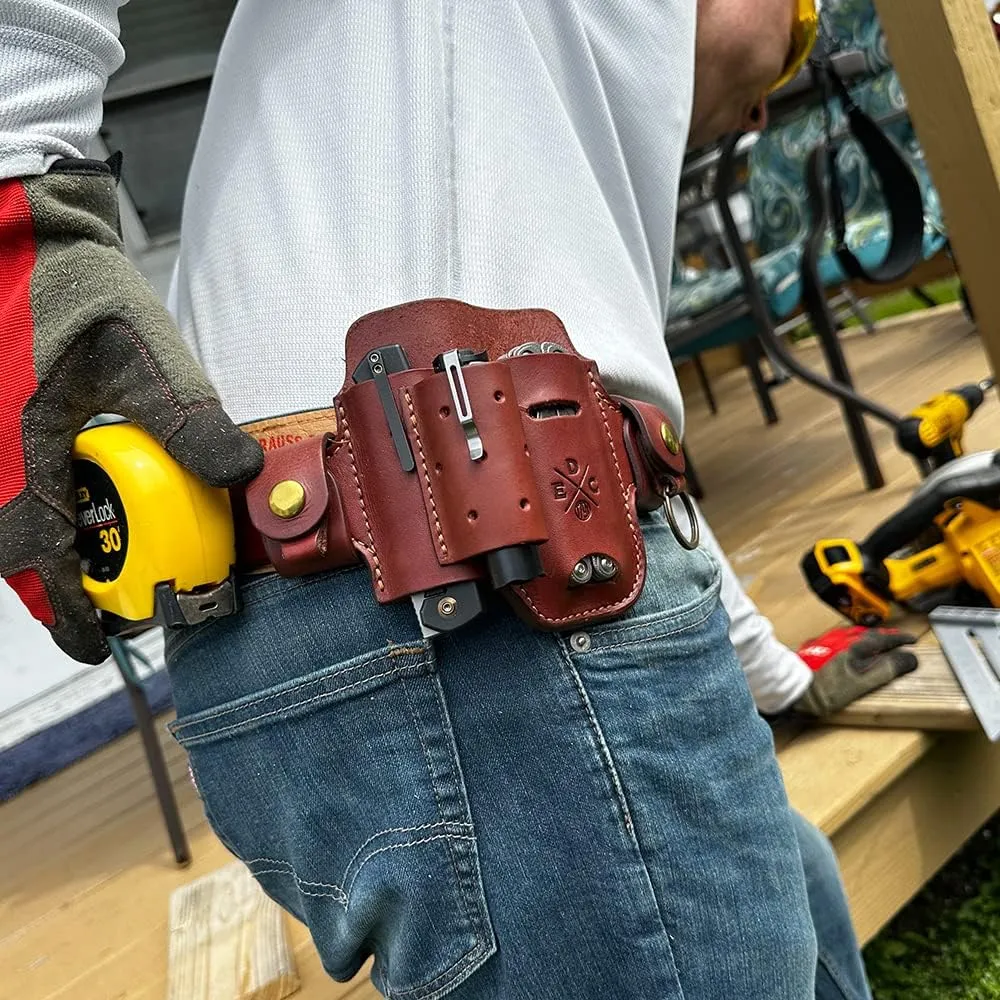 Multitool & Flashlight Holster, Leather EDC Organizer Belt Pouch Fits Multitool, Knife, Flashlight, Keys - Compatible with Heavy Duty Leatherman, Gerber, SOG