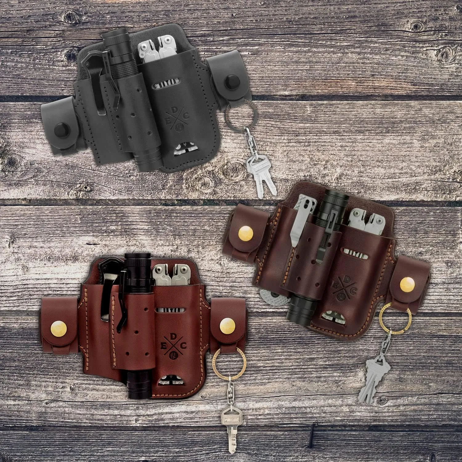 Multitool & Flashlight Holster, Leather EDC Organizer Belt Pouch Fits Multitool, Knife, Flashlight, Keys - Compatible with Heavy Duty Leatherman, Gerber, SOG