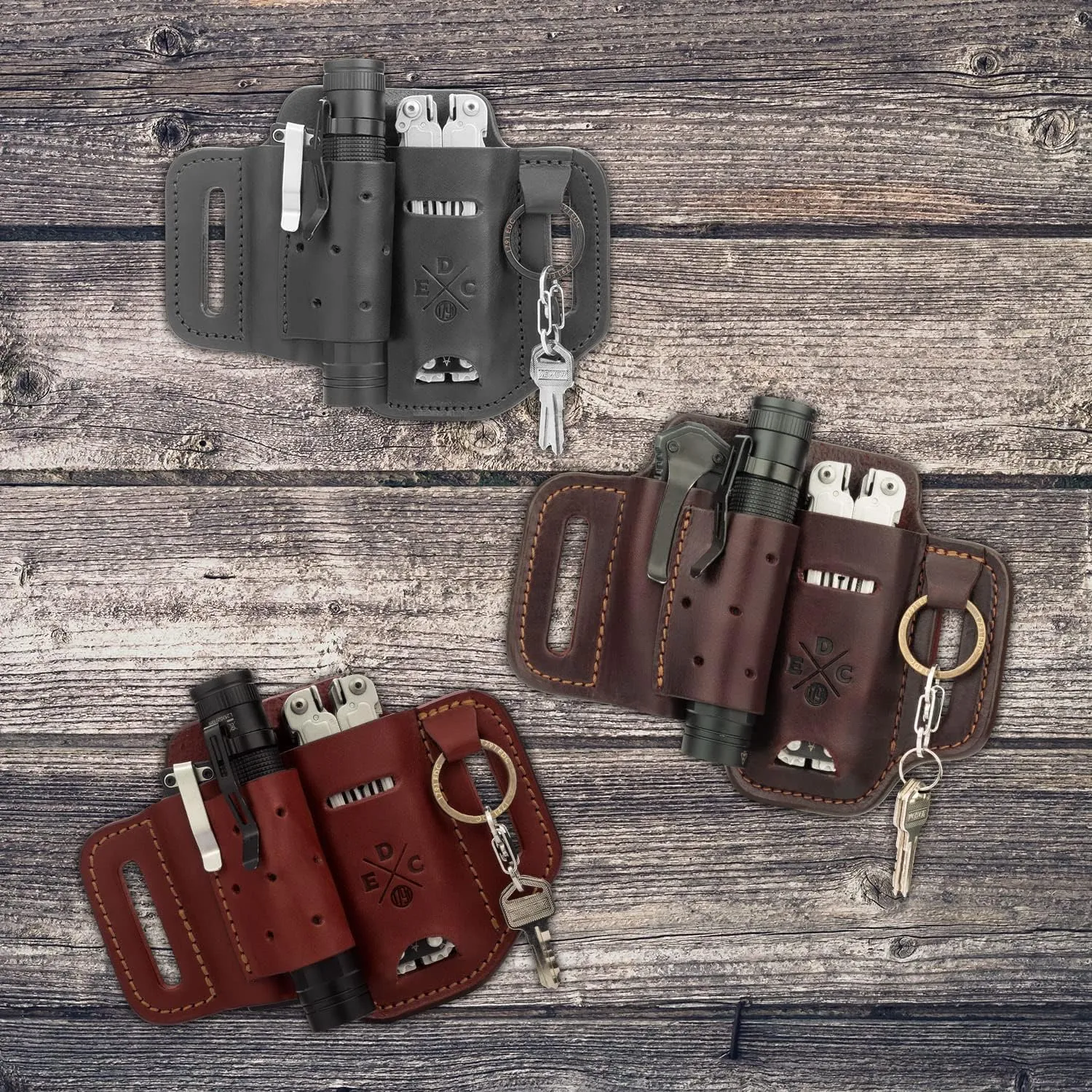 Multitool & Flashlight Holster, Leather EDC Organizer Belt Pouch Fits Multitool, Knife, Flashlight, Keys - Compatible with Heavy Duty Leatherman, Gerber, SOG