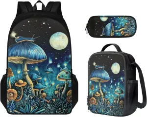 Mushroom Backpack for School Girls Backpack with Lunch Box and Soft Pencil Case 3PCS Set 17 inch Sturdy Bookbag for Kids Boys Large Capacity School Bag with Compartments School Supplies Set
