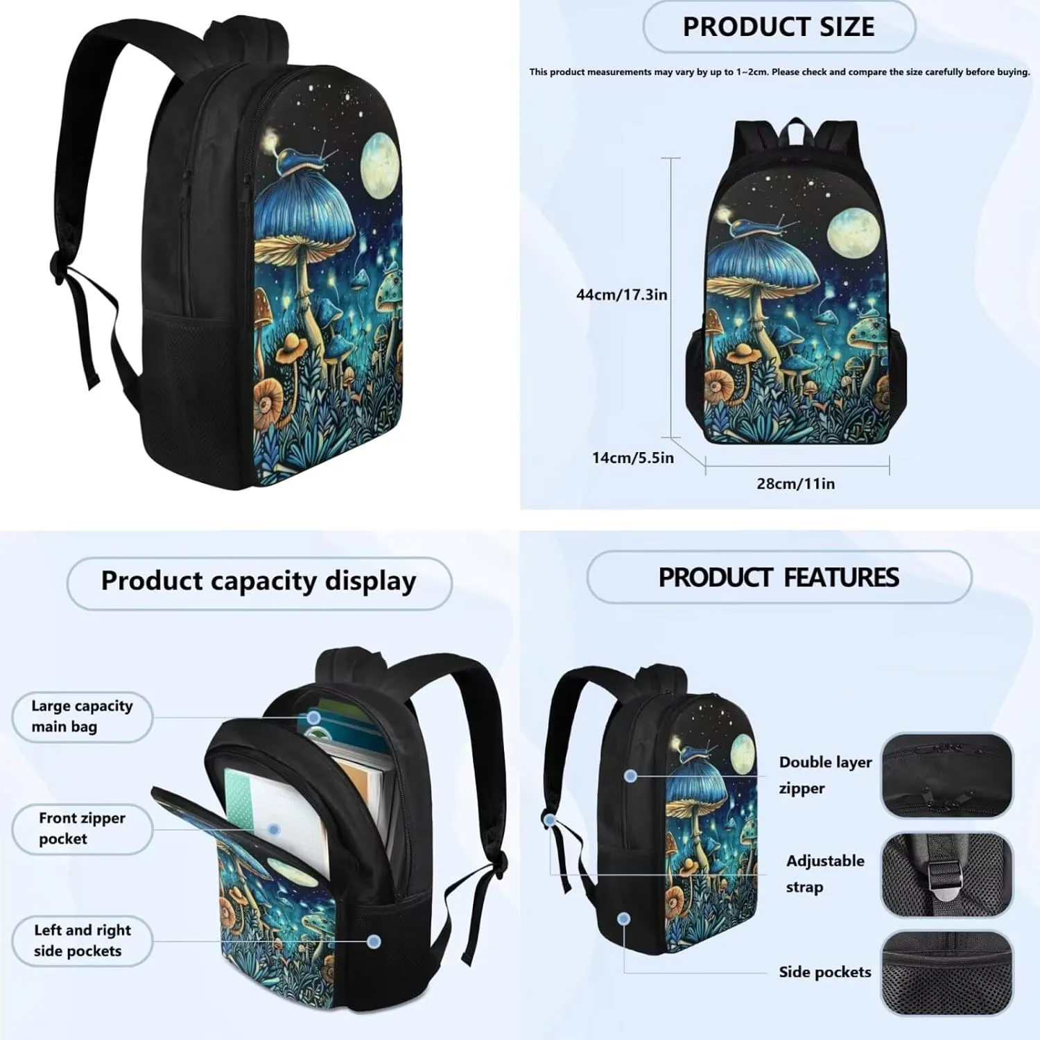 Mushroom Backpack for School Girls Backpack with Lunch Box and Soft Pencil Case 3PCS Set 17 inch Sturdy Bookbag for Kids Boys Large Capacity School Bag with Compartments School Supplies Set