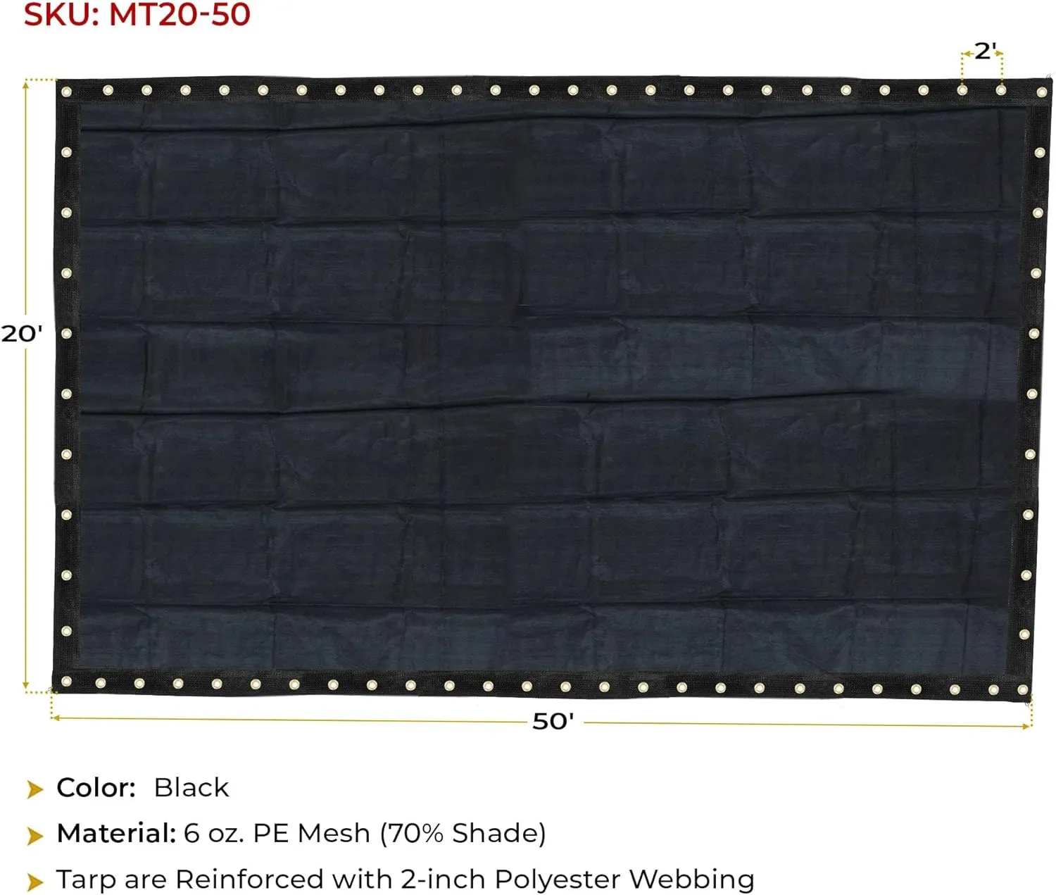 Mytee Products 20'x50' Black 70% Shade Mesh Tarp for Outdoor w/Grommets - 6 Oz Extra Durable Heavy Duty Mesh Tarps for Dump Truck, Rolloff Trucks - Mesh Shade Net Cloth for Sun, Plant, Patio