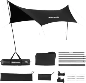 Naturehike Blackdog 5.5M×2.9M Hammock Camping Rain Fly Tent Tarp, PU 3000MM-Anti-UV Tarp with Poles, Waterproof Tent Tarp for Hammock Camping, Outdoor, Travel, Sunshade- Included Guy Lines & Stakes