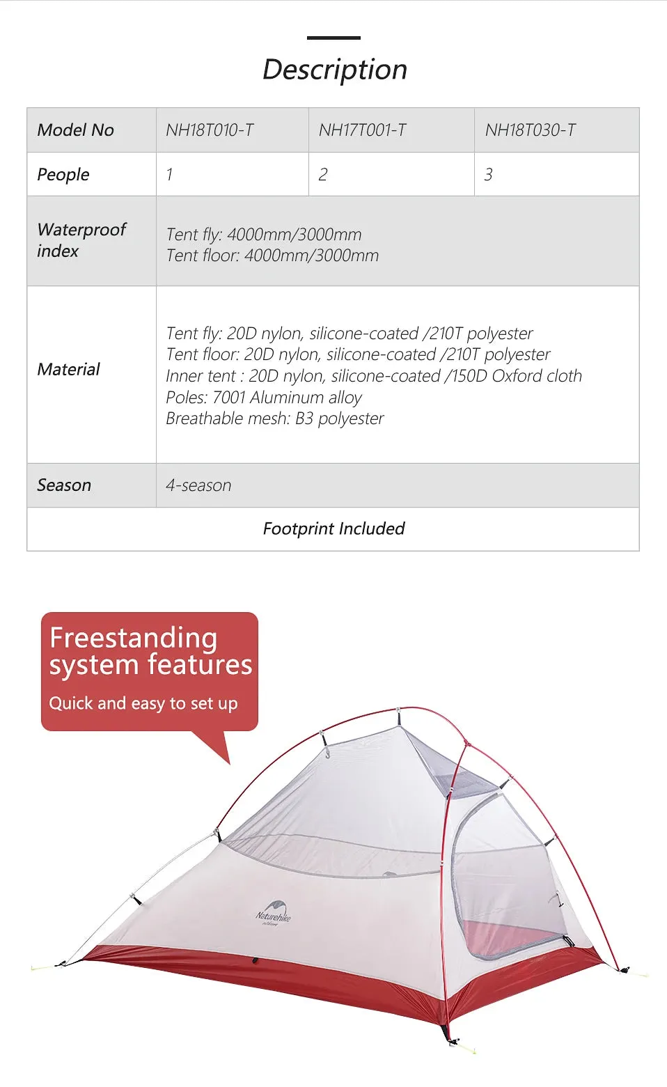 Naturehike Cloud Up Ultralight Camping Tent - 1, 2, or 3 Person Waterproof Tent