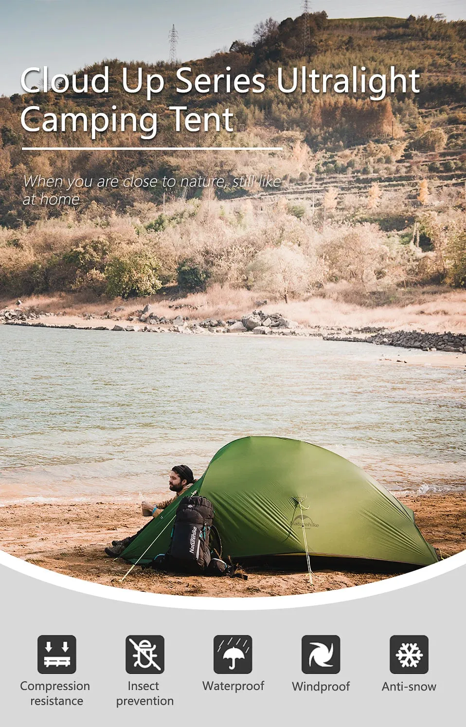 Naturehike Cloud Up Ultralight Camping Tent - 1, 2, or 3 Person Waterproof Tent