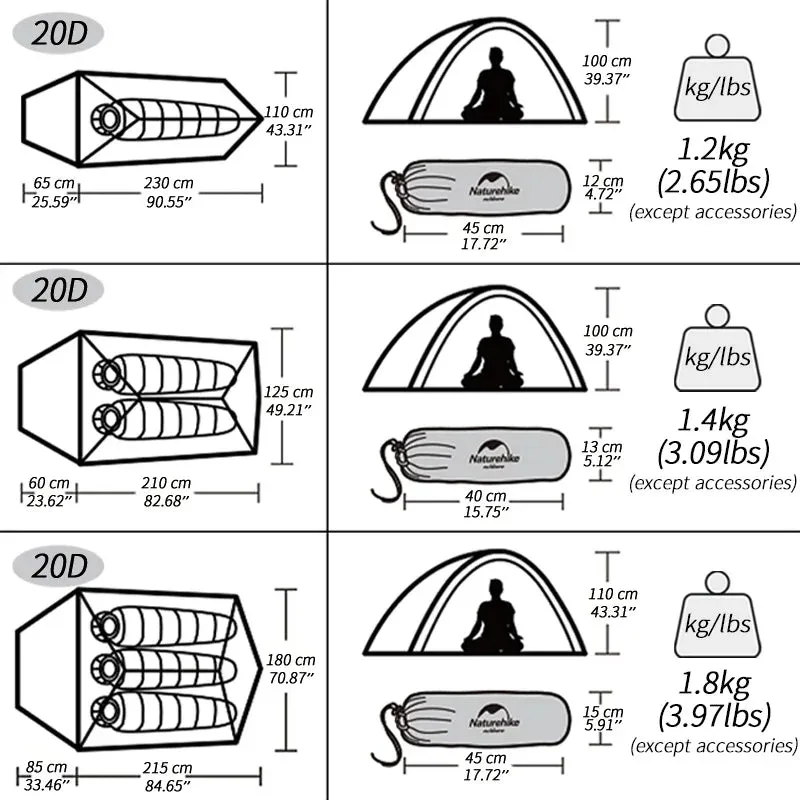 Naturehike Cloud Up Ultralight Camping Tent - 1, 2, or 3 Person Waterproof Tent