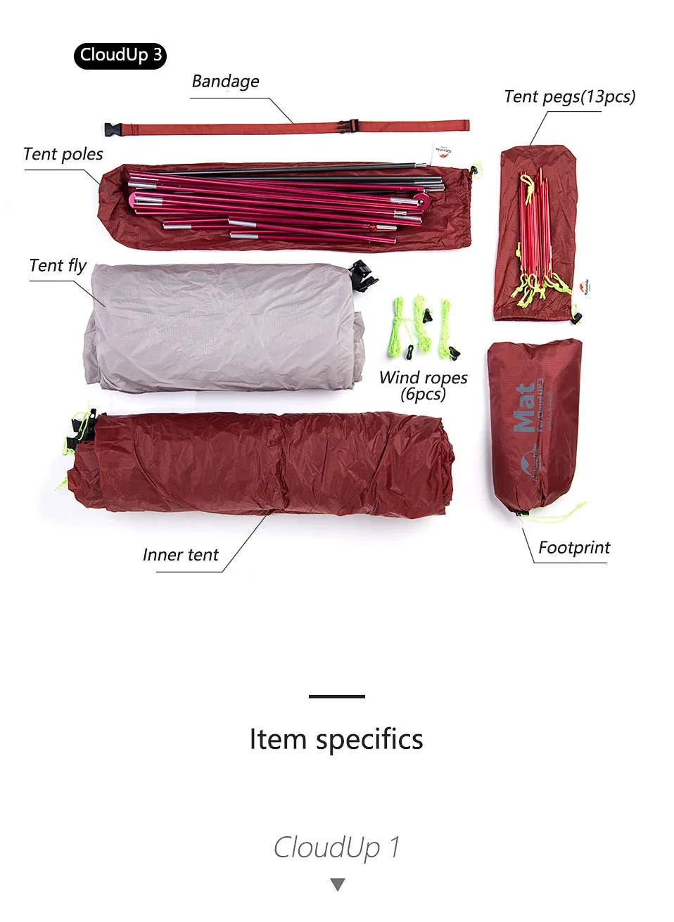 Naturehike Cloud Up Ultralight Camping Tent - 1, 2, or 3 Person Waterproof Tent