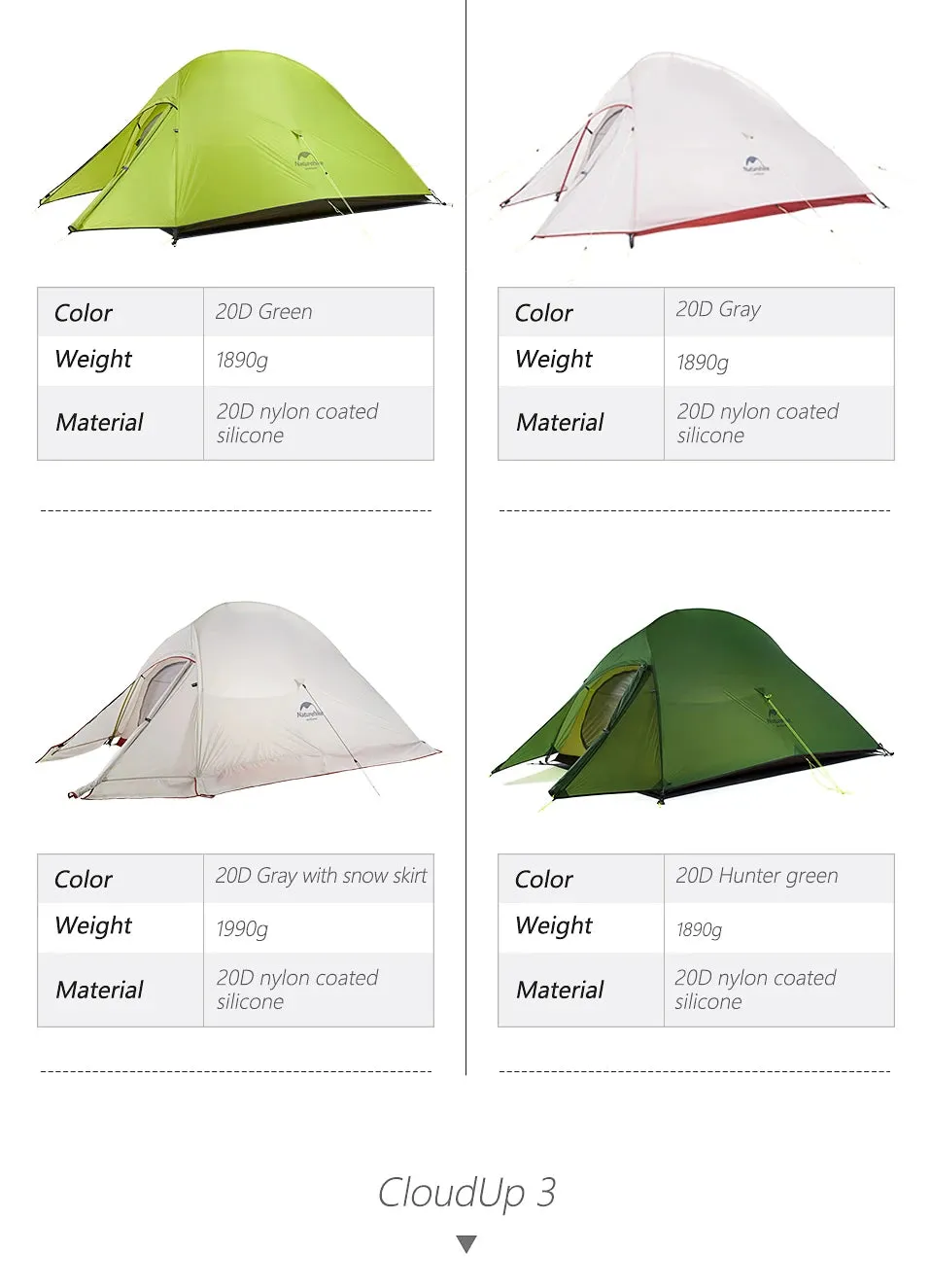 Naturehike Cloud Up Ultralight Camping Tent - 1, 2, or 3 Person Waterproof Tent